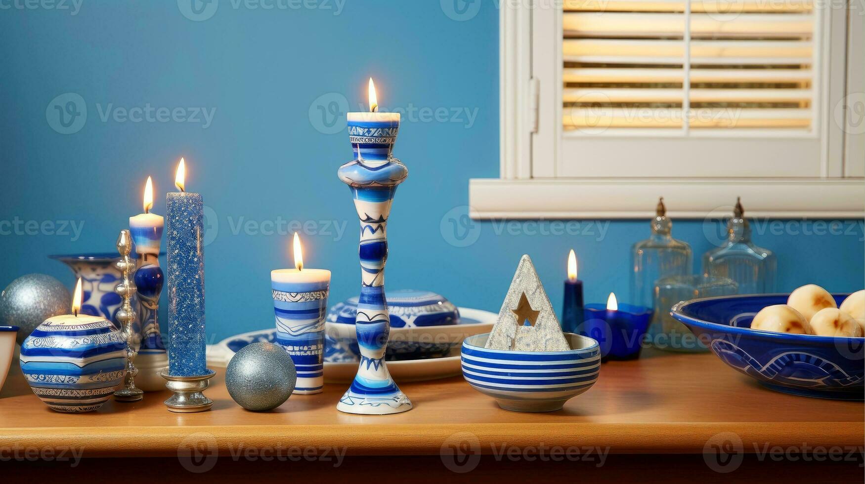 Hanukkah festive celebration concept, glow of the menorah with shining candles and star, Generative AI illustration photo