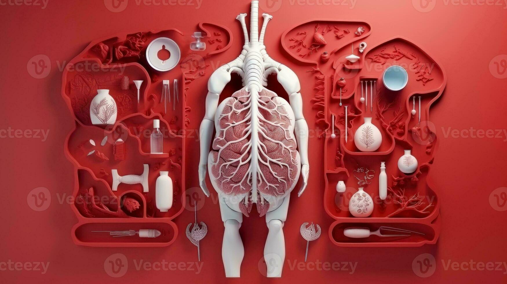 3D illustration mockup of the human organ system, Anatomy, Nervous, circulatory, digestive, excretory, urinary,and bone systems. Medical education concept, Generative AI illustration photo