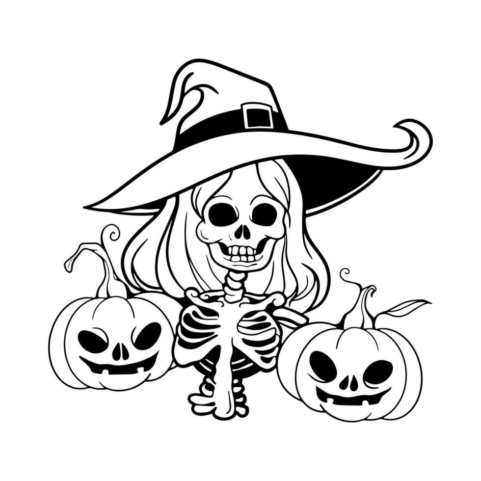 witch woman skull and two pumpkins ready to party on halloween night vector