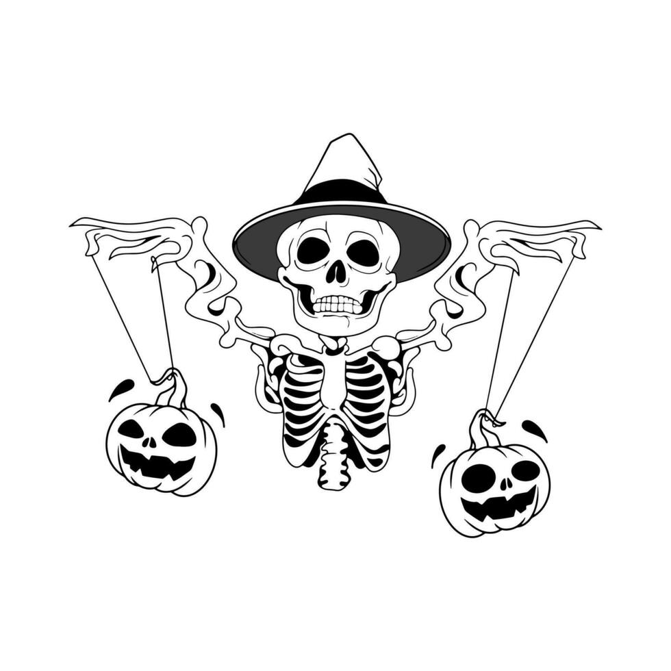 skull man in wizard hat playing pumpkin doll ready to party on halloween night vector