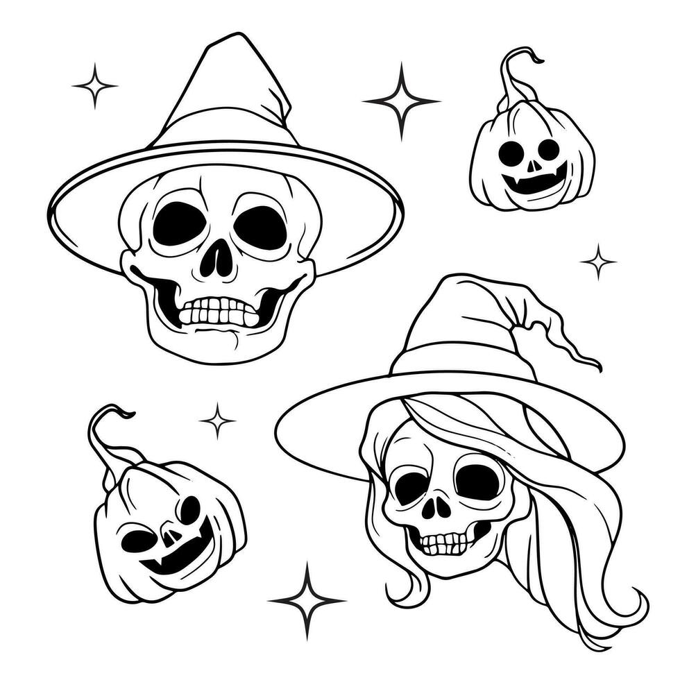 calaveras de hombres y mujer en bruja sombreros y calabazas Listo a fiesta en Víspera de Todos los Santos noche vector