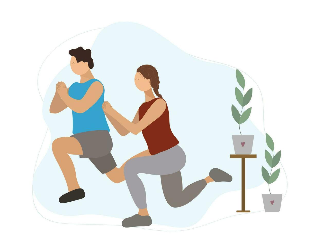 Sport and health concept. Couple running in nature. Vector illustration in flat style.