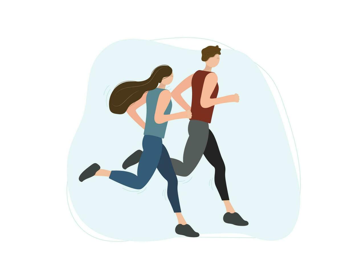 Sport and health concept. Couple running in nature. Vector illustration in flat style.