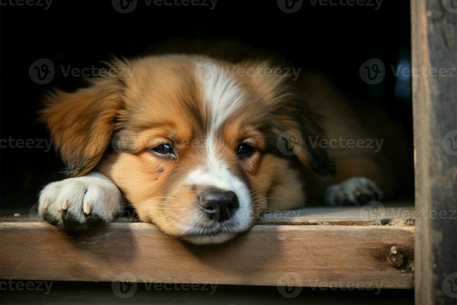 Adorable puppy dozes off, displaying irresistible sleepiness AI Generated photo