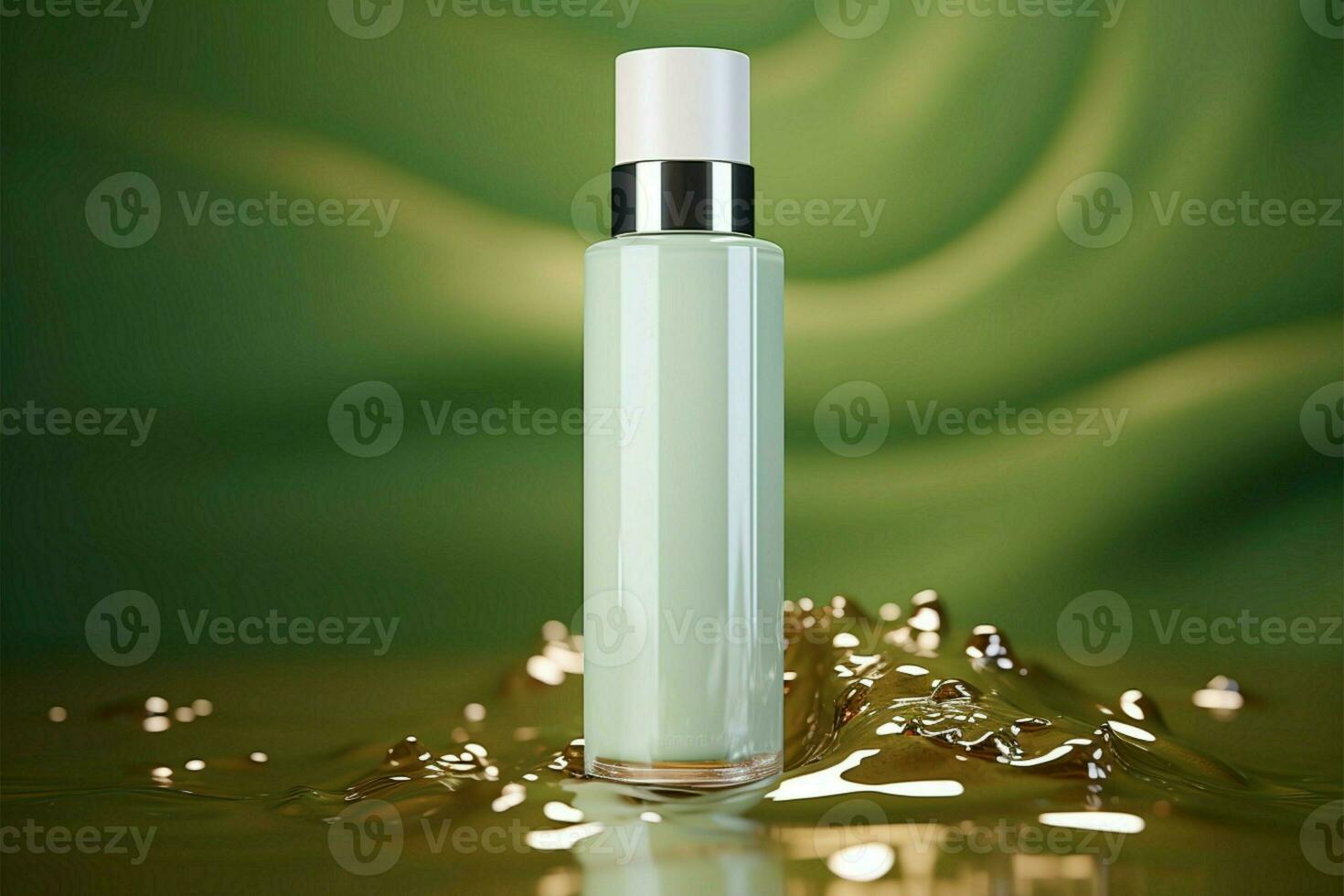 verde temática antecedentes Destacar 3d prestados blanco suero productos cosméticos Bosquejo ai generado foto