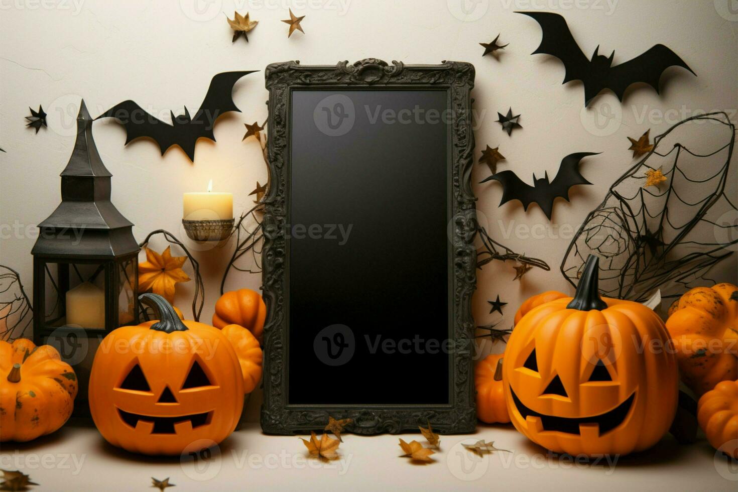 Mockup smartphone surrounded by spooky Halloween elements on an orange background AI Generated photo