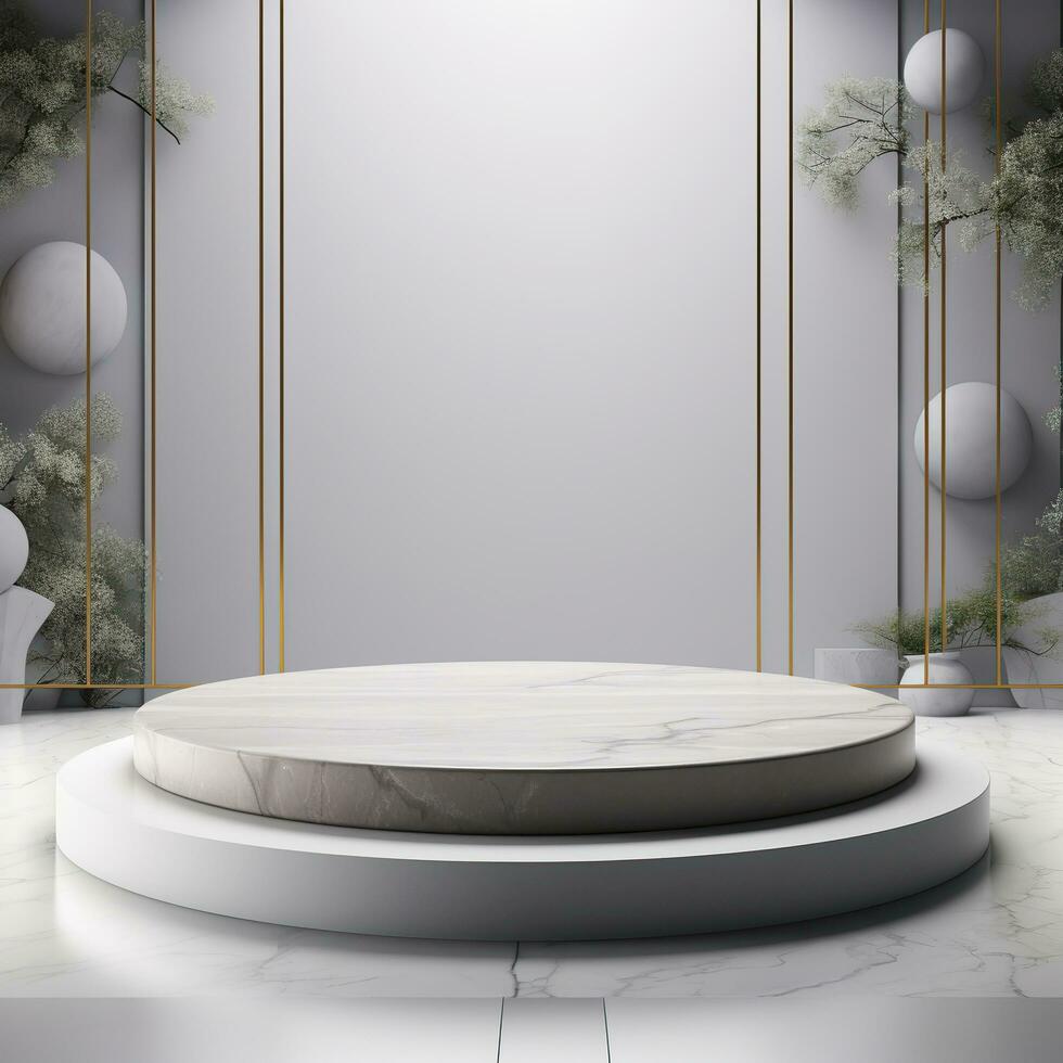 Empty round white podium, stage, pedestal for goods and objects. Generative AI photo