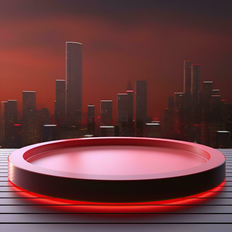 Empty trendy round podium against landscape background. Generative AI photo
