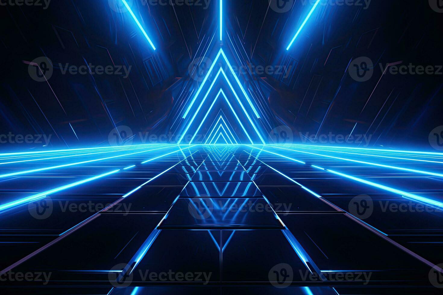Abstract neon blue background, cyber space, parallel universe, lines, stripes, glow. AI generated photo