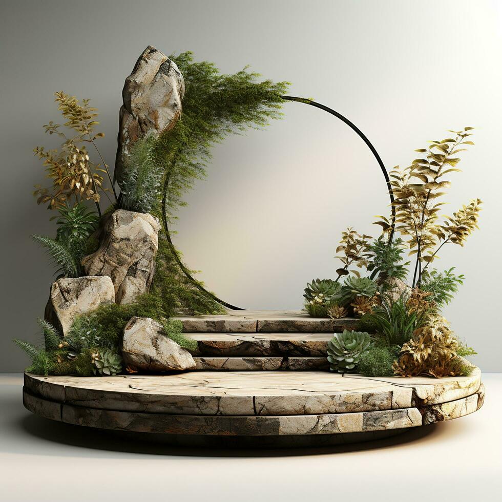 Beautiful stone podium, stage, pedestal. Platform surrounded by tropical leaves. Generative AI photo