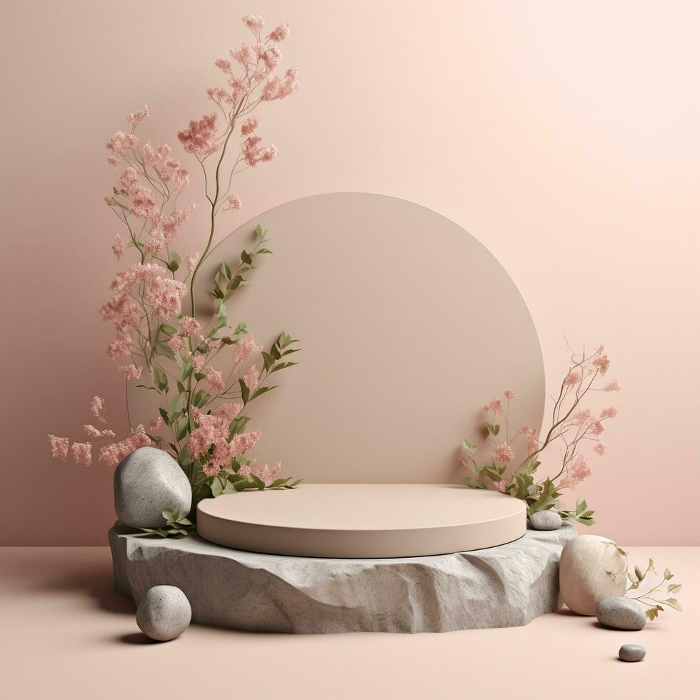 Empty podium made of pastel beige pink stone. Scene, stand with flowers. Generative AI photo