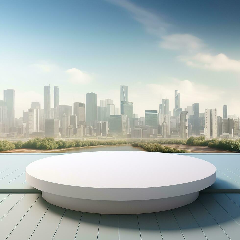 Empty trendy round podium against landscape background. Generative AI photo