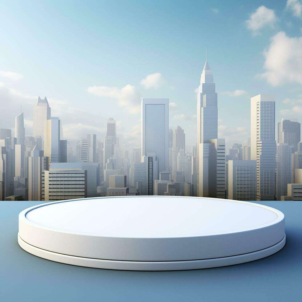 Empty trendy round podium against landscape background. Generative AI photo