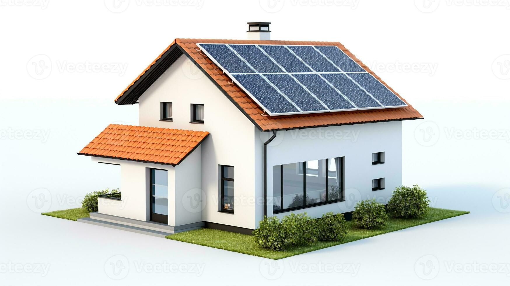 miniature house model with solar panel on roof on white background. smart home energy saving concept. generative AI photo