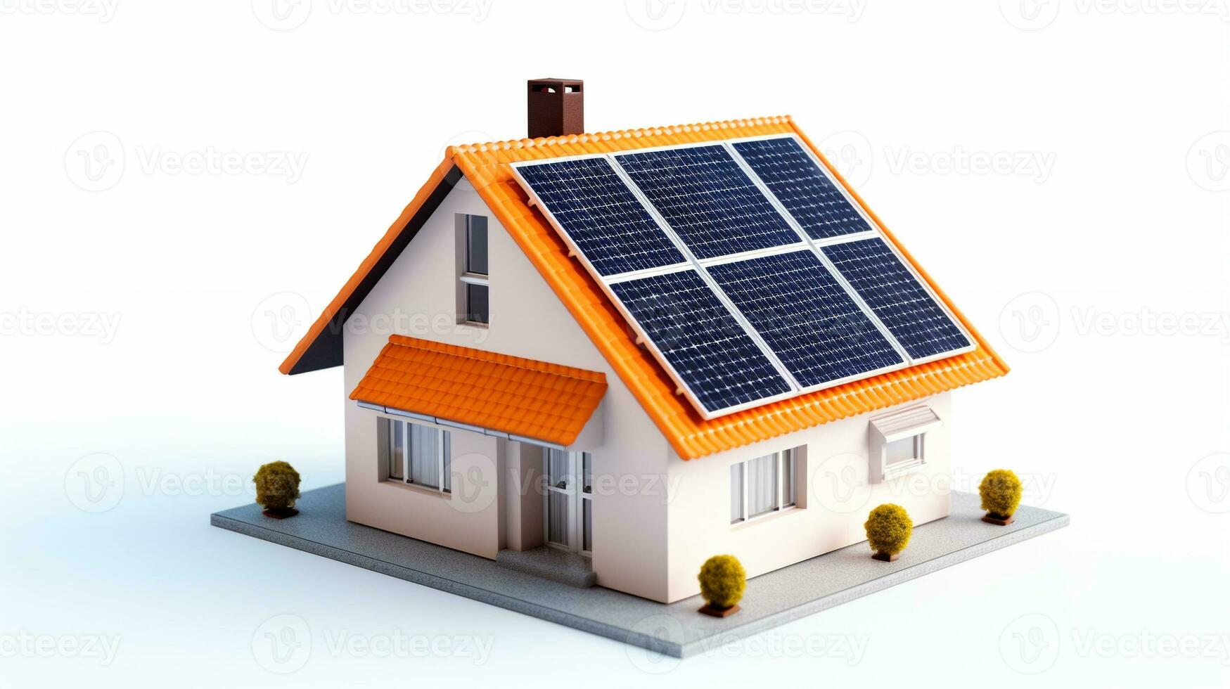 miniatura casa modelo con solar panel en techo en blanco antecedentes. inteligente hogar energía ahorro concepto. generativo ai foto