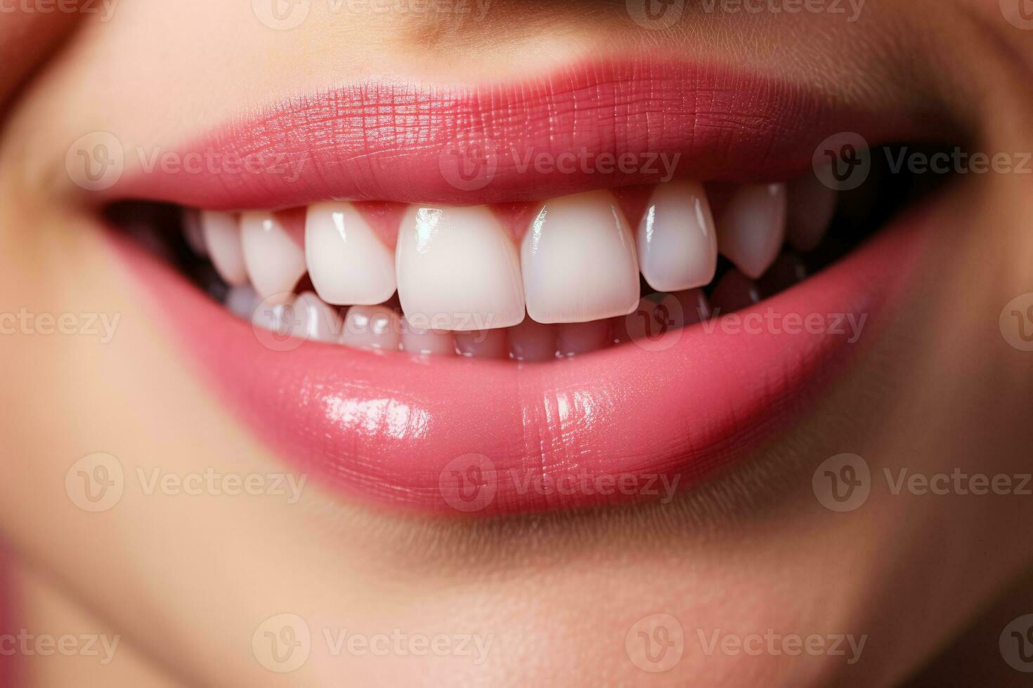 Healthy gums and teeth shown in detailed closeup background with empty space for text photo