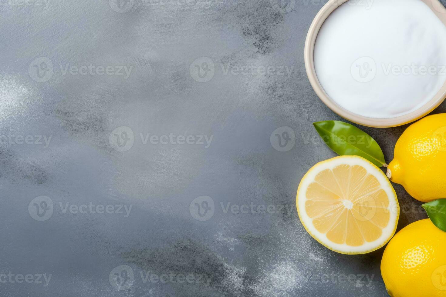 Baking soda and lemon as natural teeth whitening agents background with empty space for text photo