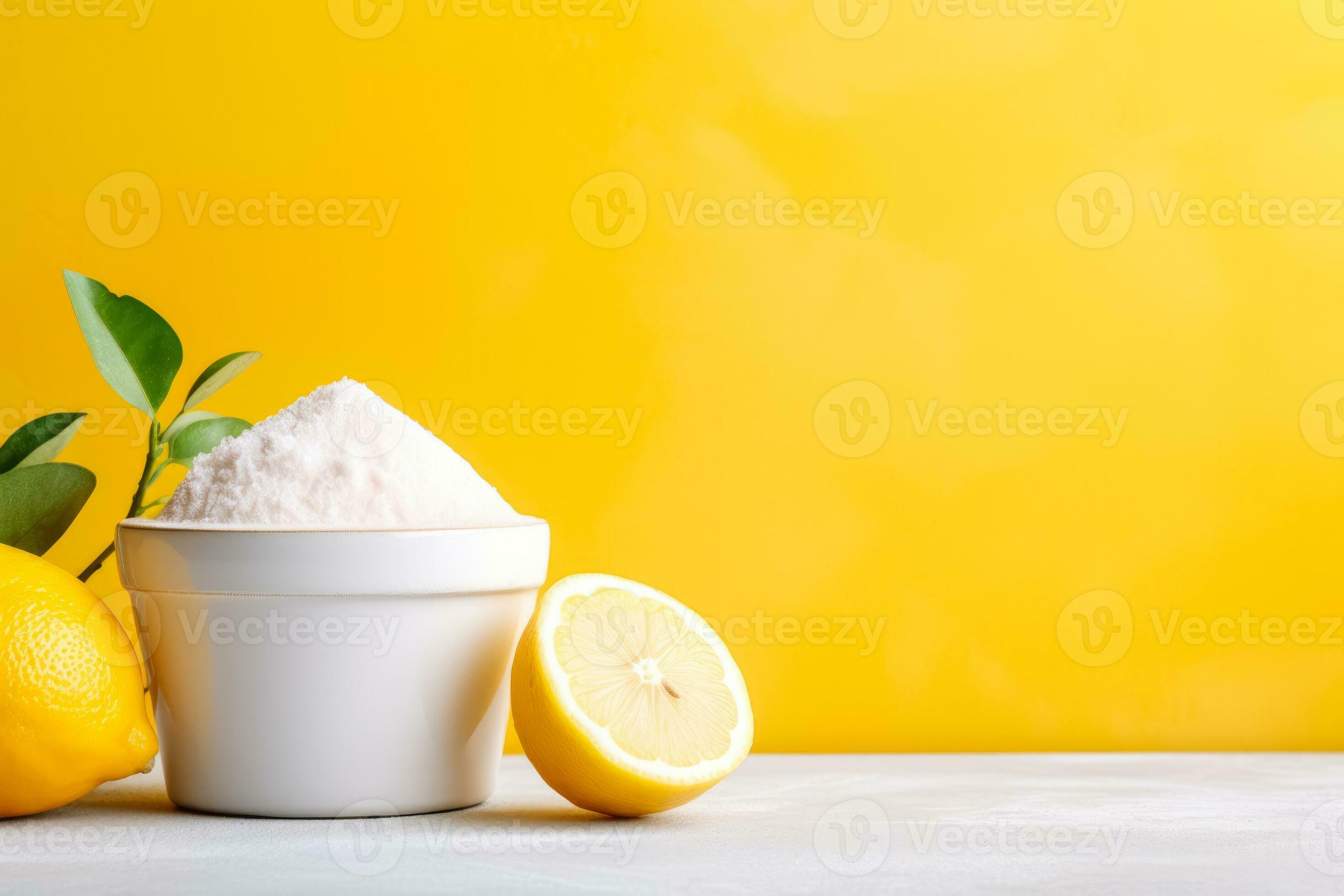 Baking soda and lemon as natural teeth whitening agents background with