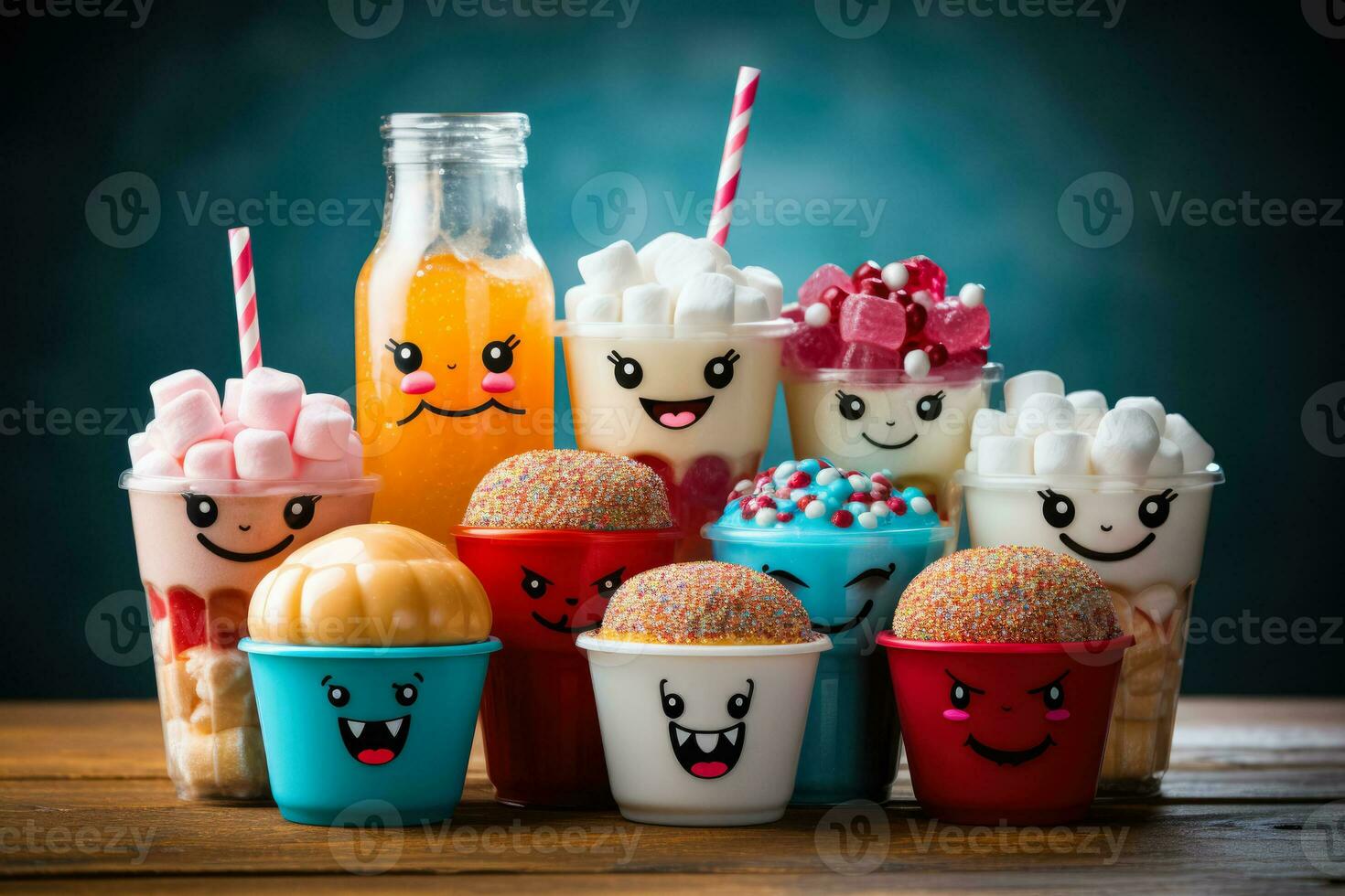 Sugar loaded foods and drinks causing tooth decay concept background with empty space for text photo