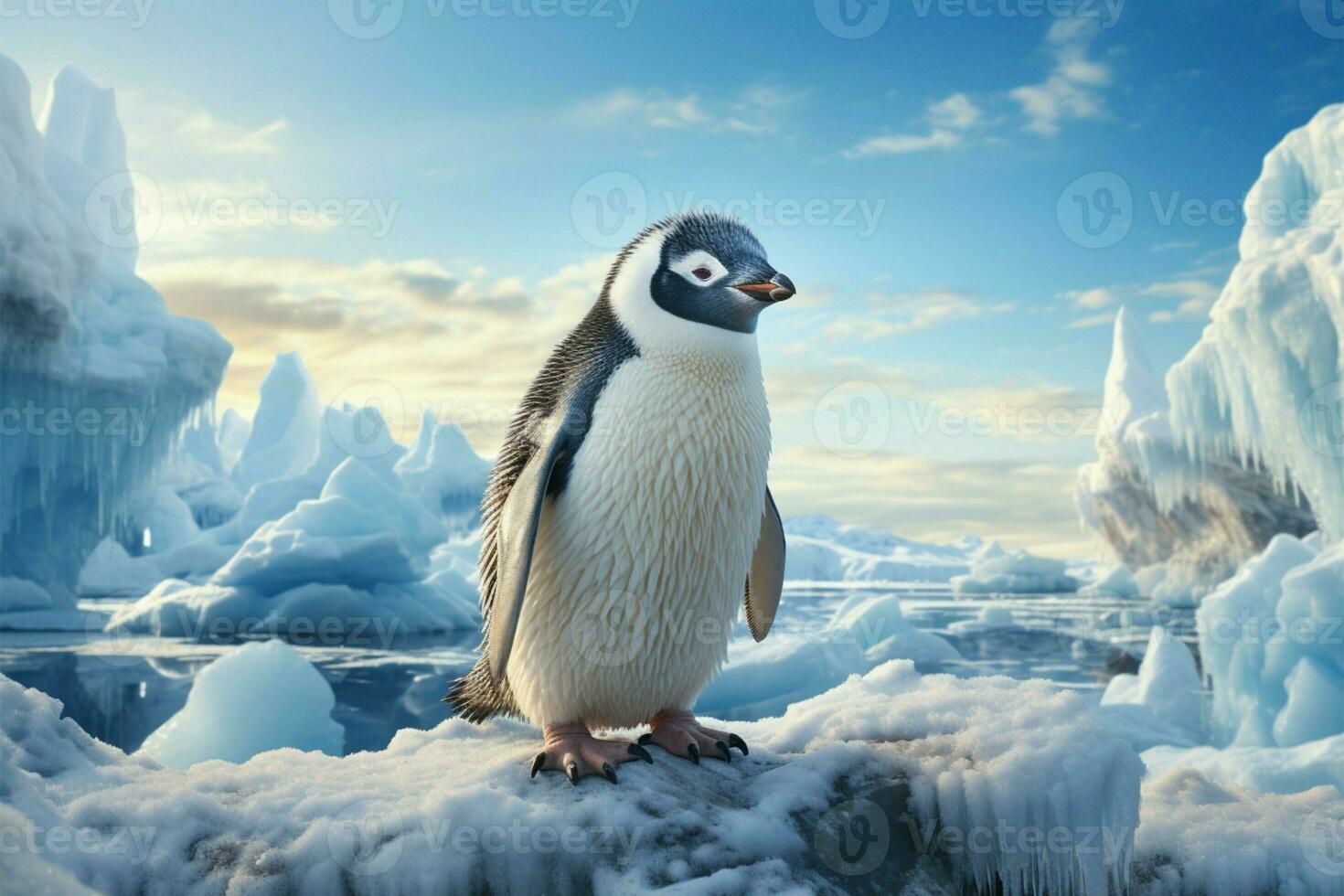 Adorable penguin amidst polar ice, framed by majestic icebergs, pure serenity AI Generated photo