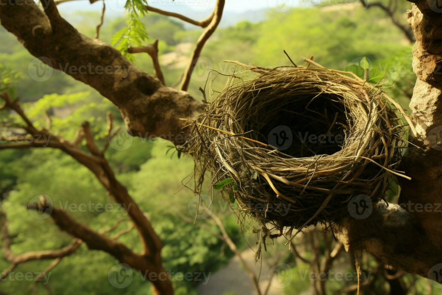 A trees limbs provide sanctuary for a delicate birds nest AI Generated photo
