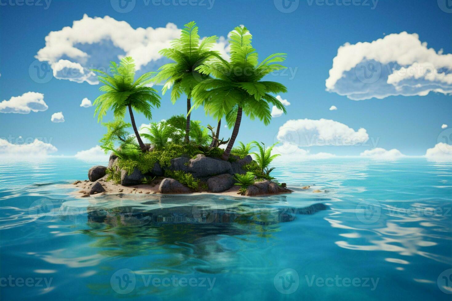 Tiny isle, palm trees afloat in the serene ocean expanse AI Generated photo