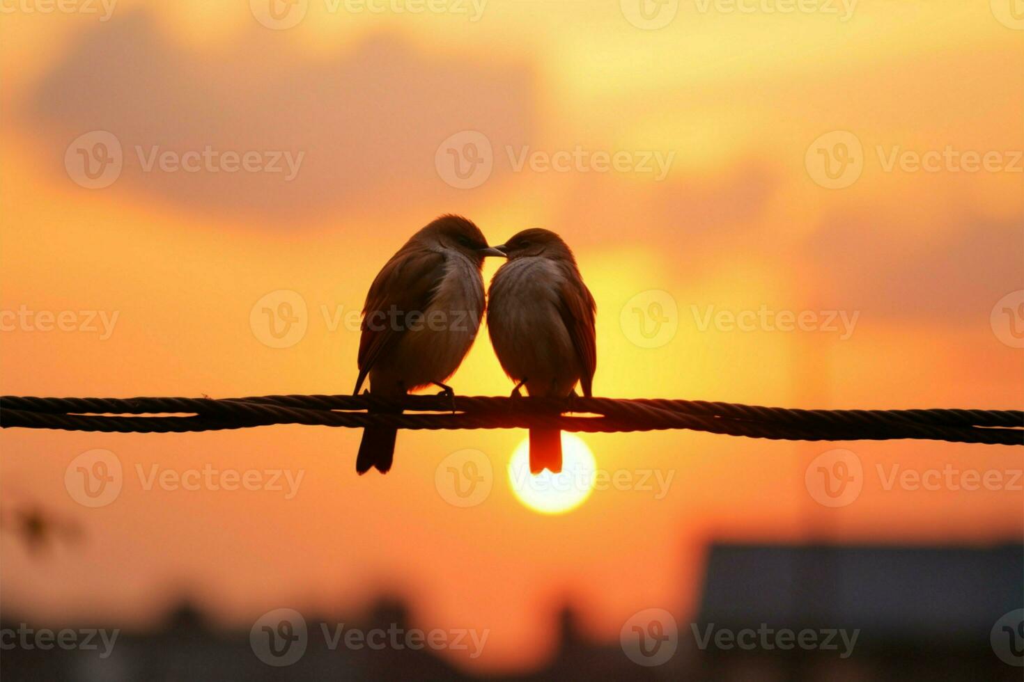 Lovebirds silhouette on wire, blurred sunset a romantic avian embrace AI Generated photo
