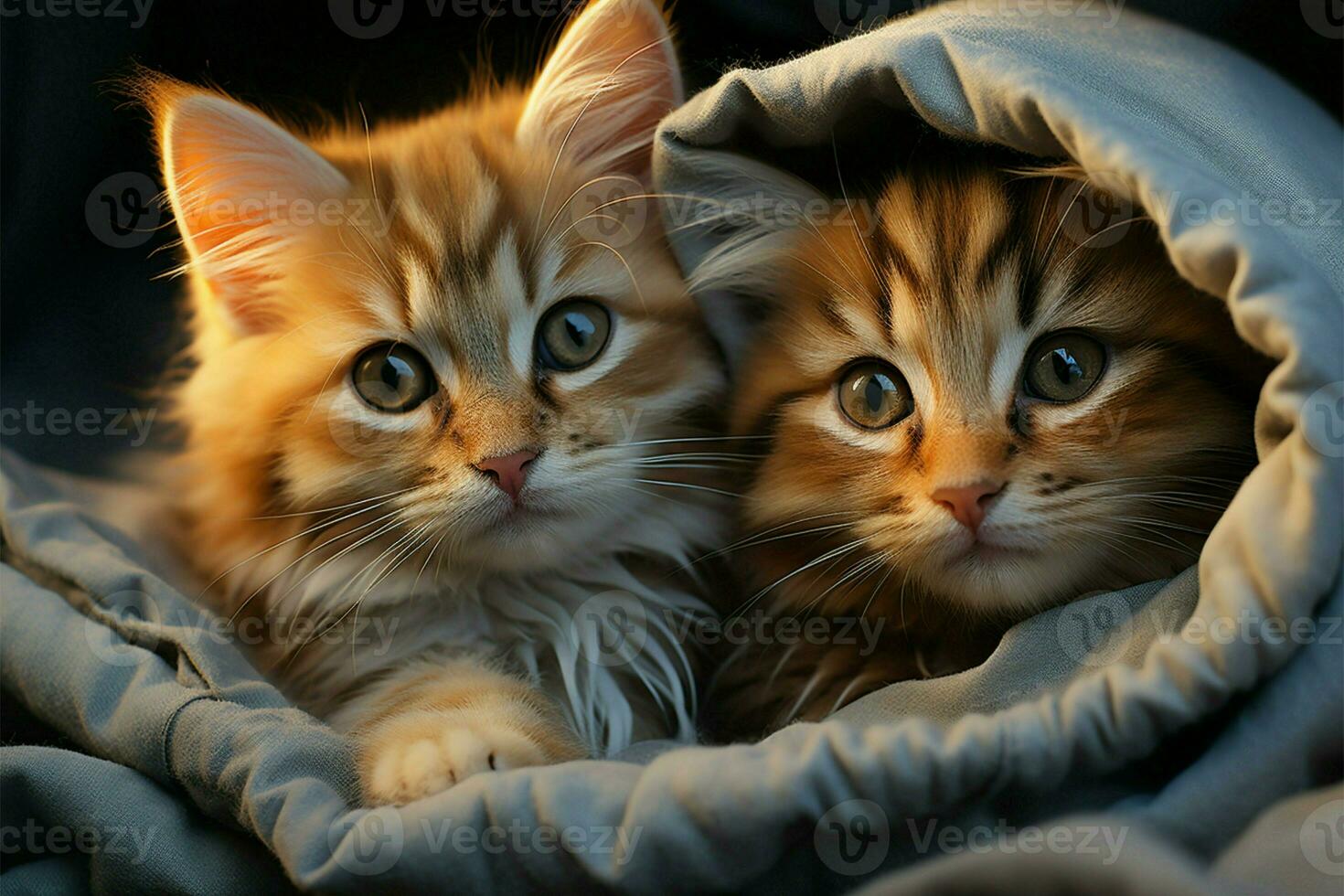 Playful kittens form endearing bundle, sharing warmth within their blanket sanctuary AI Generated photo