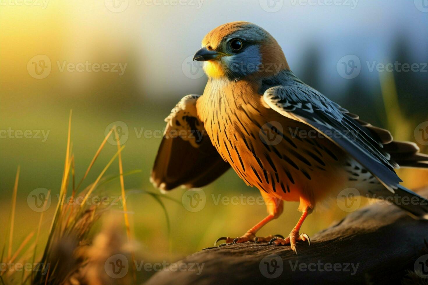 Blurred background frames a male kestrel in graceful mid flight, scenic AI Generated photo