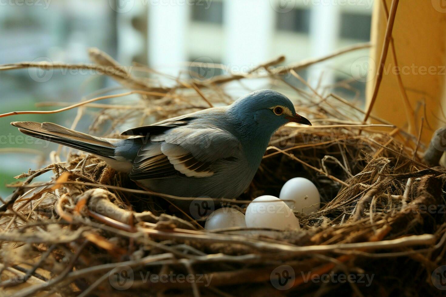 A tree branch cradles a nest with two magpie robin eggs AI Generated photo