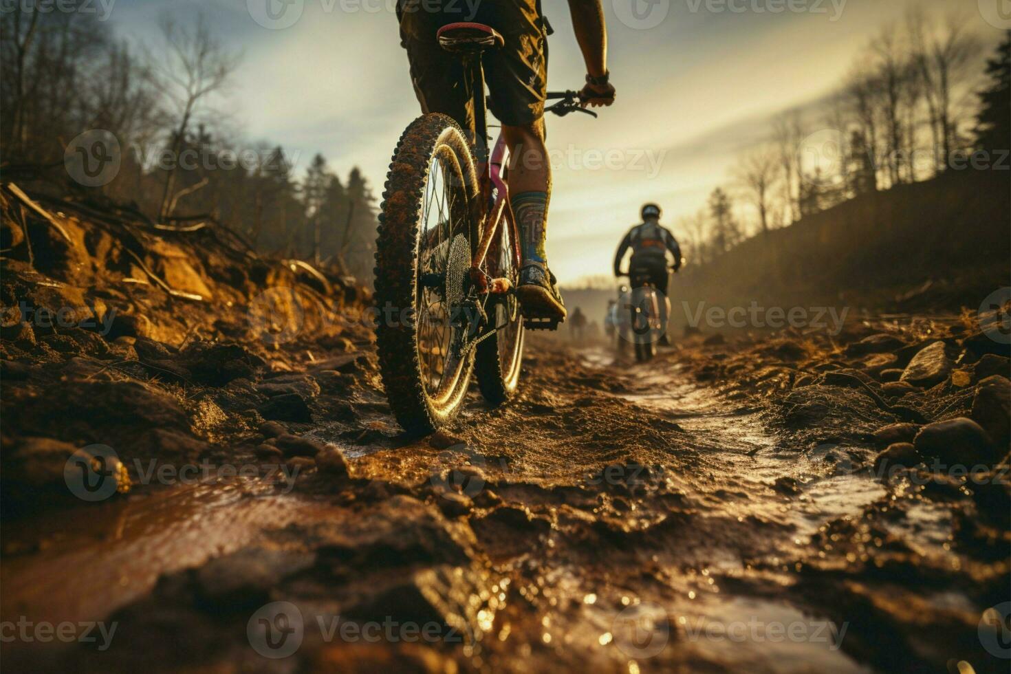 Rear shot Mountain bikes tire and riders foot on rustic dirt trail AI Generated photo