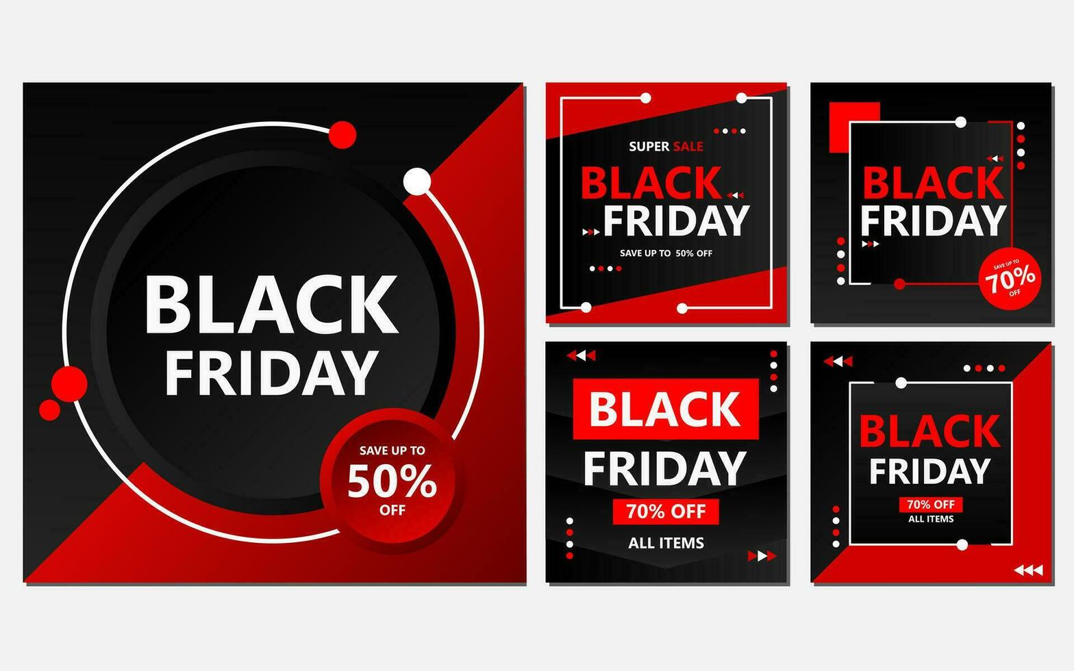five sets of social media template designs in red and black colors. black friday social media post design for promotion. vector