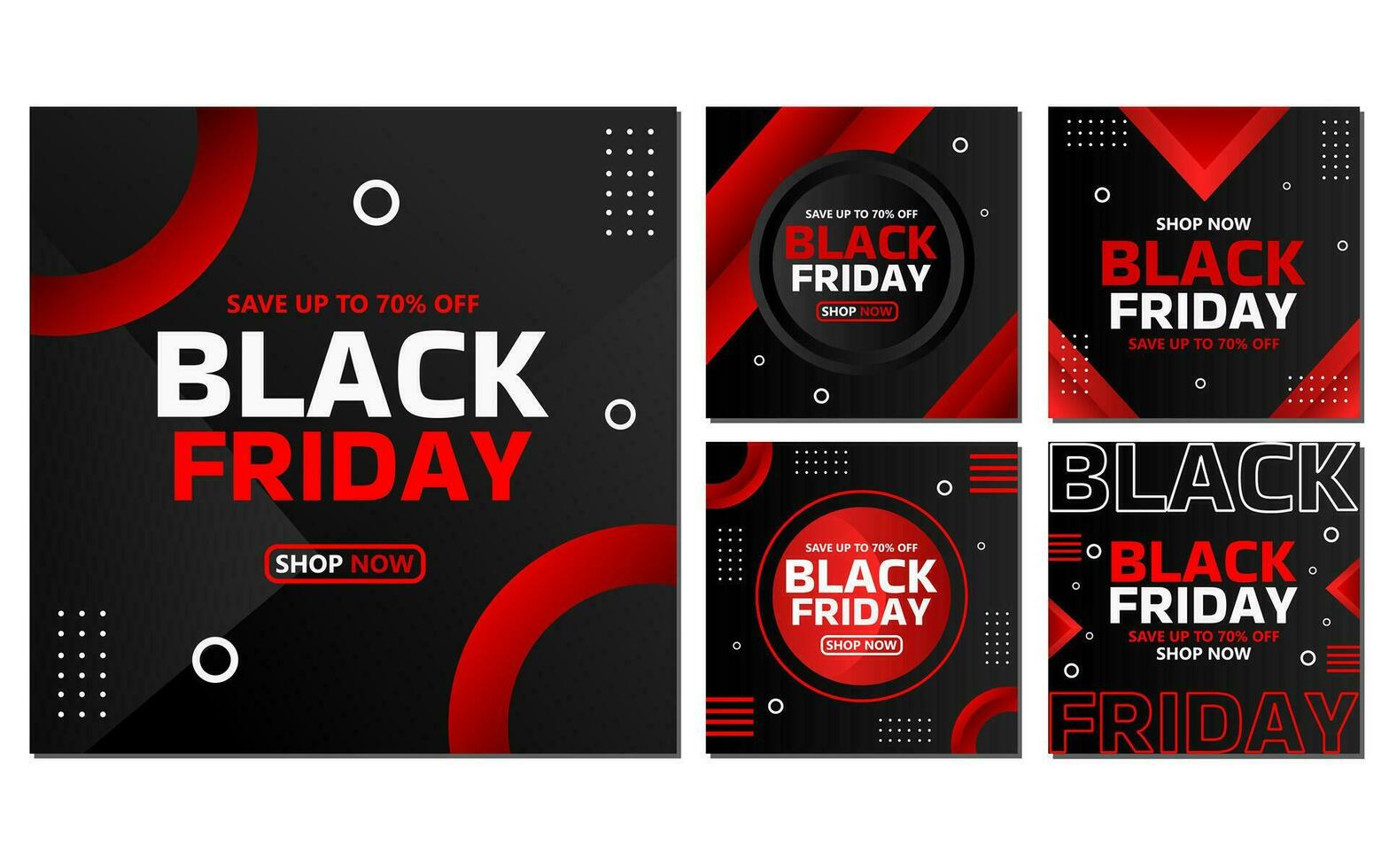 five sets of social media template designs in red and black colors. black friday social media post design for promotion. vector