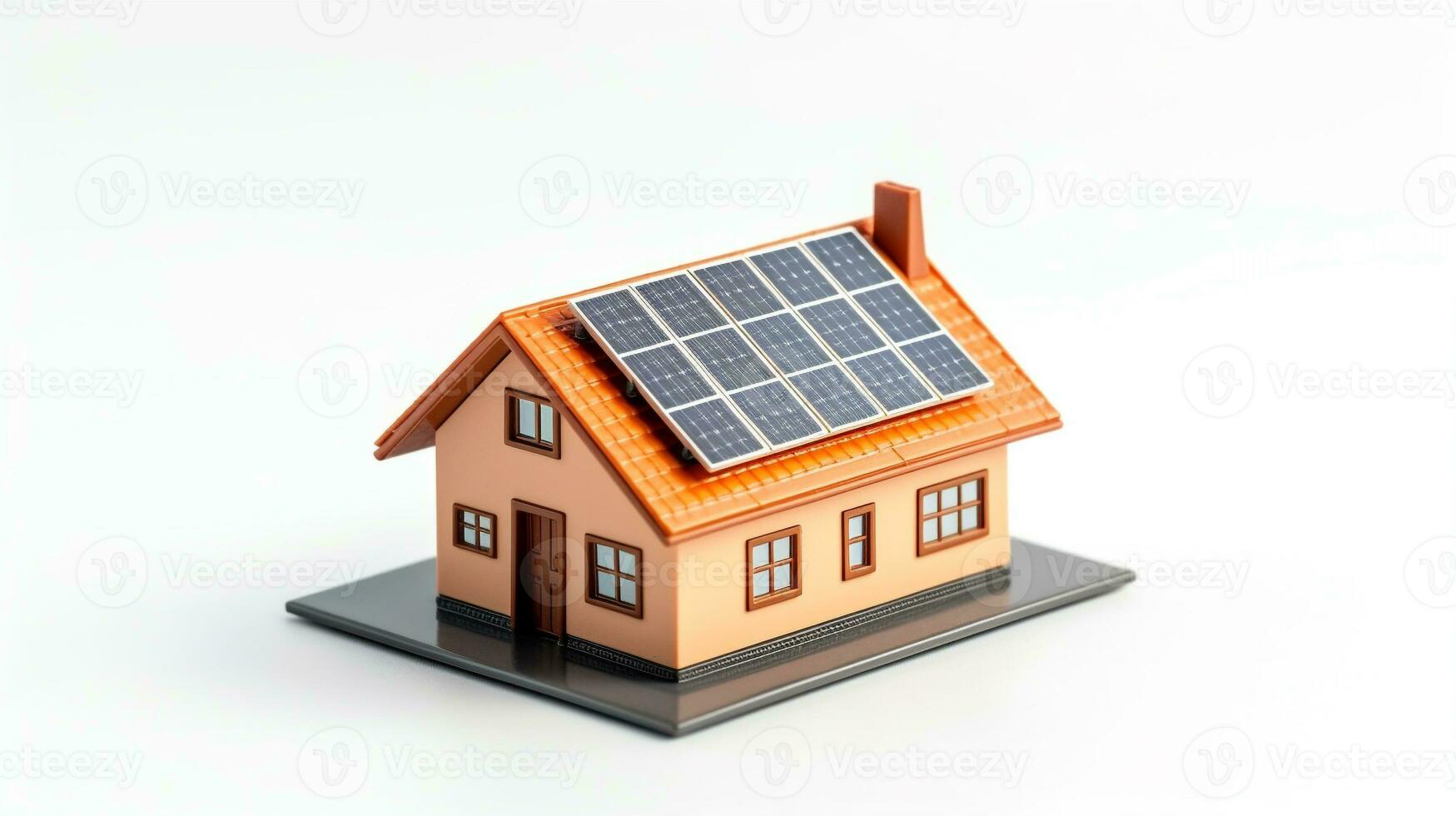 miniature house model with solar panel on roof on white background. smart home energy saving concept. generative AI photo