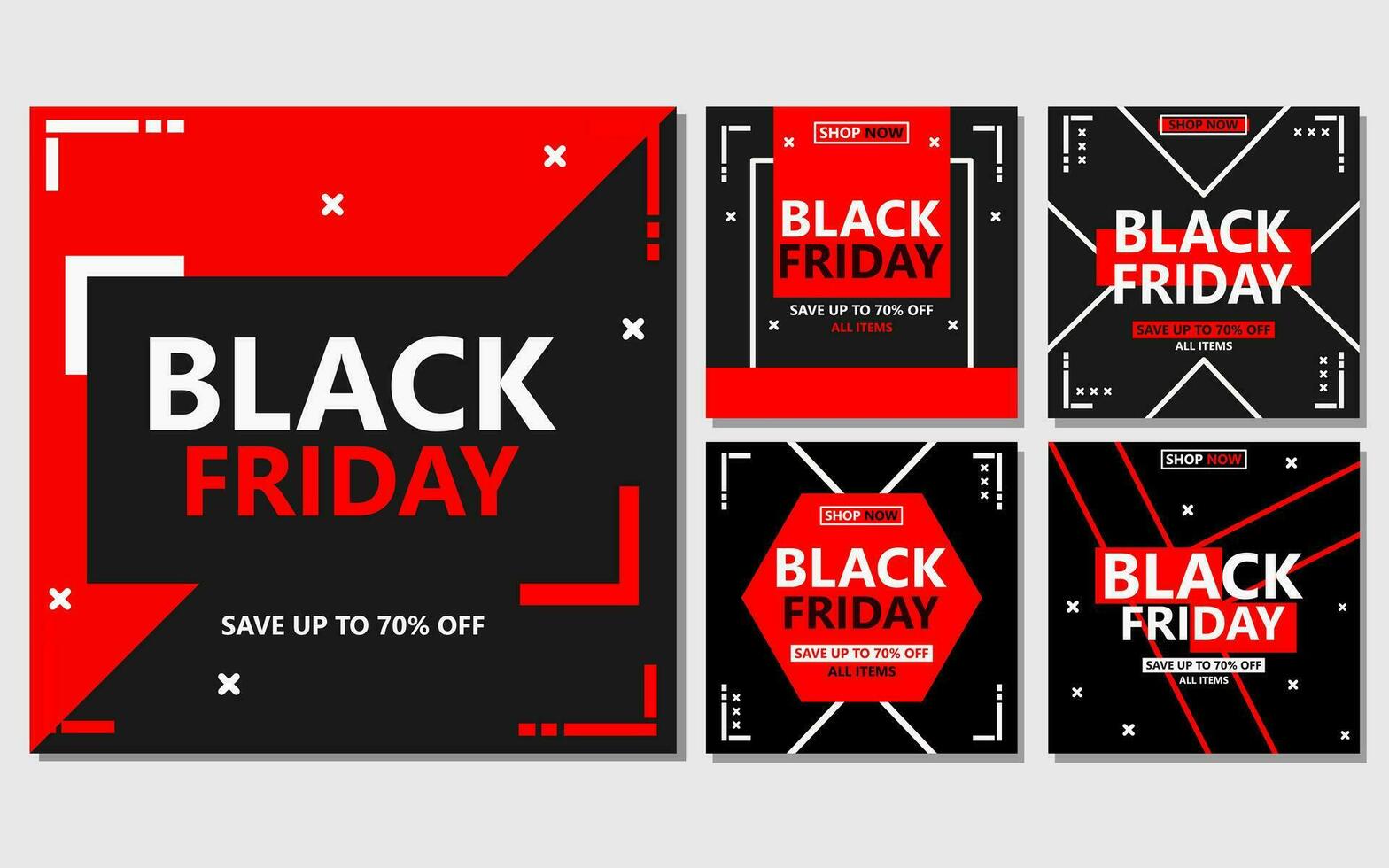 five sets of social media template designs in red and black colors. black friday social media post design for promotion. vector