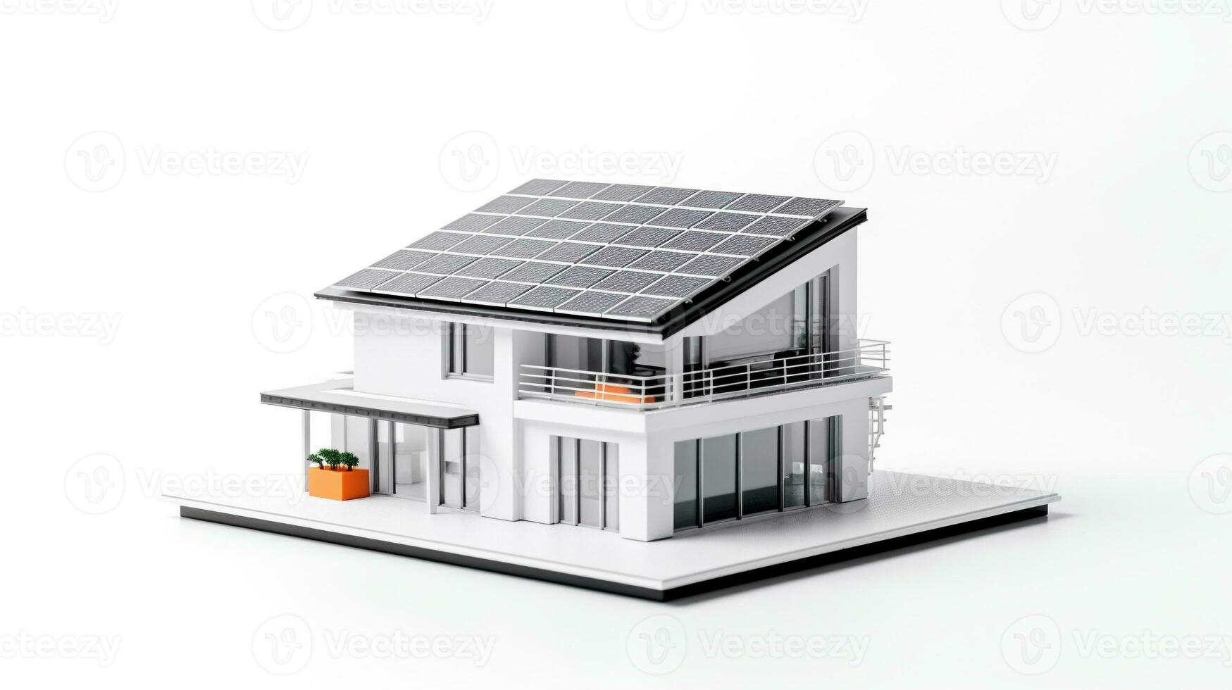 miniature house model with solar panel on roof on white background. generative AI photo