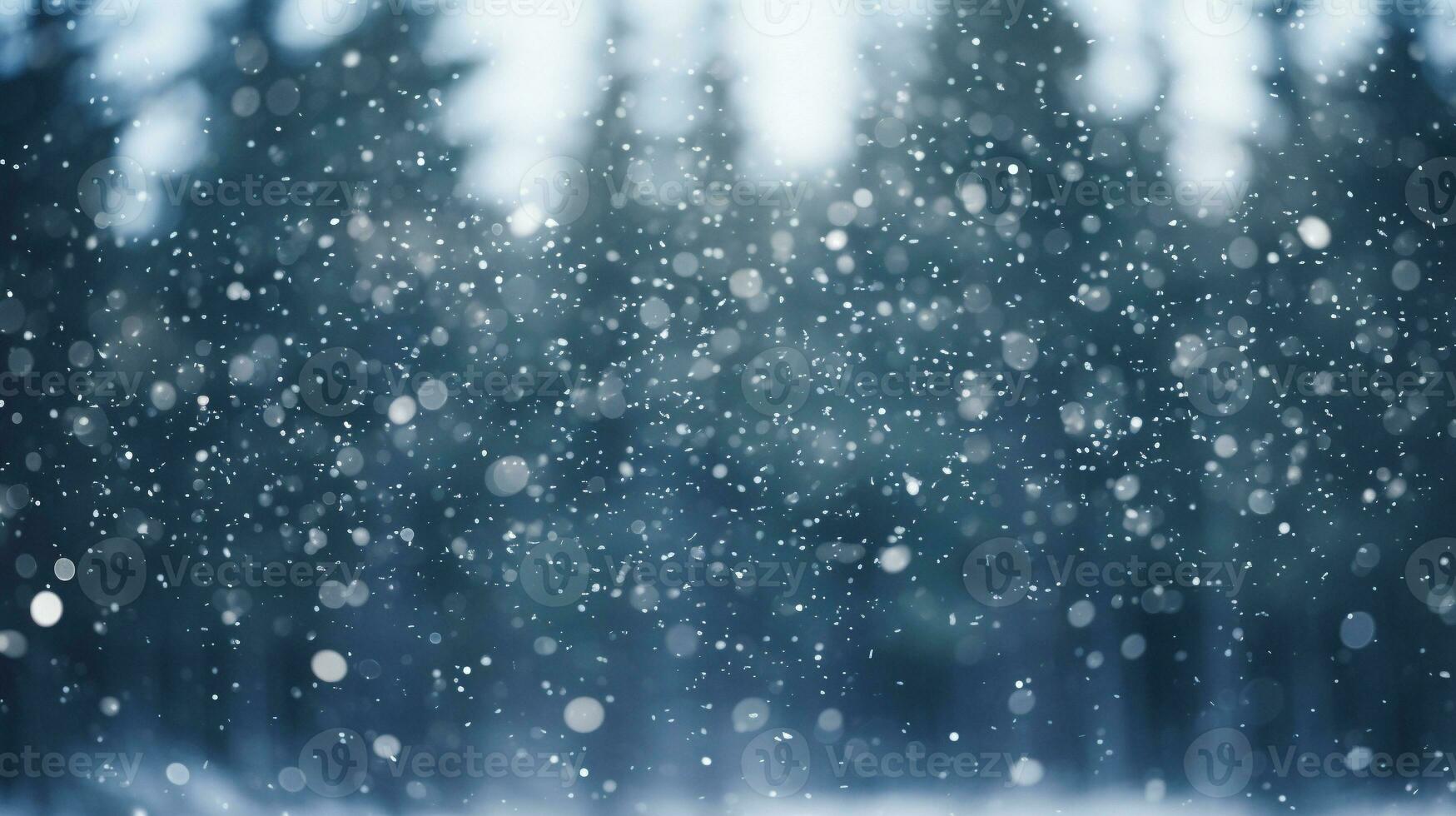 blur snow falling in pine forest scene. festive winter holiday and Christmas new year background concept. generative AI photo