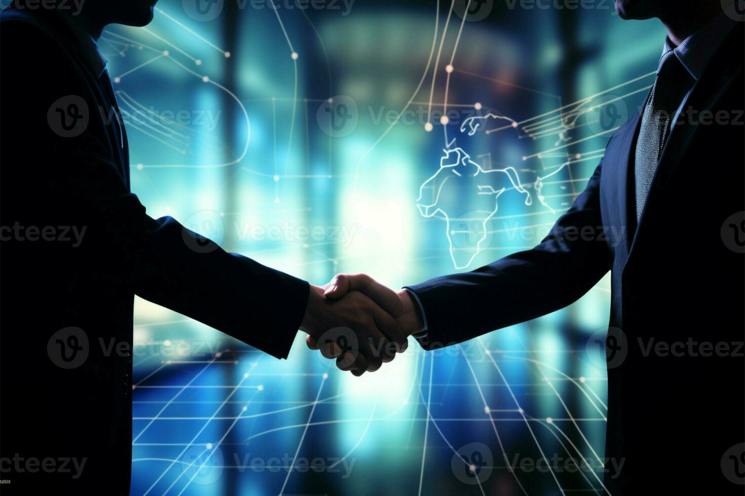 Office deal, Businessmens handshake, global graphic backdrop symbolize international collaboration AI Generated photo