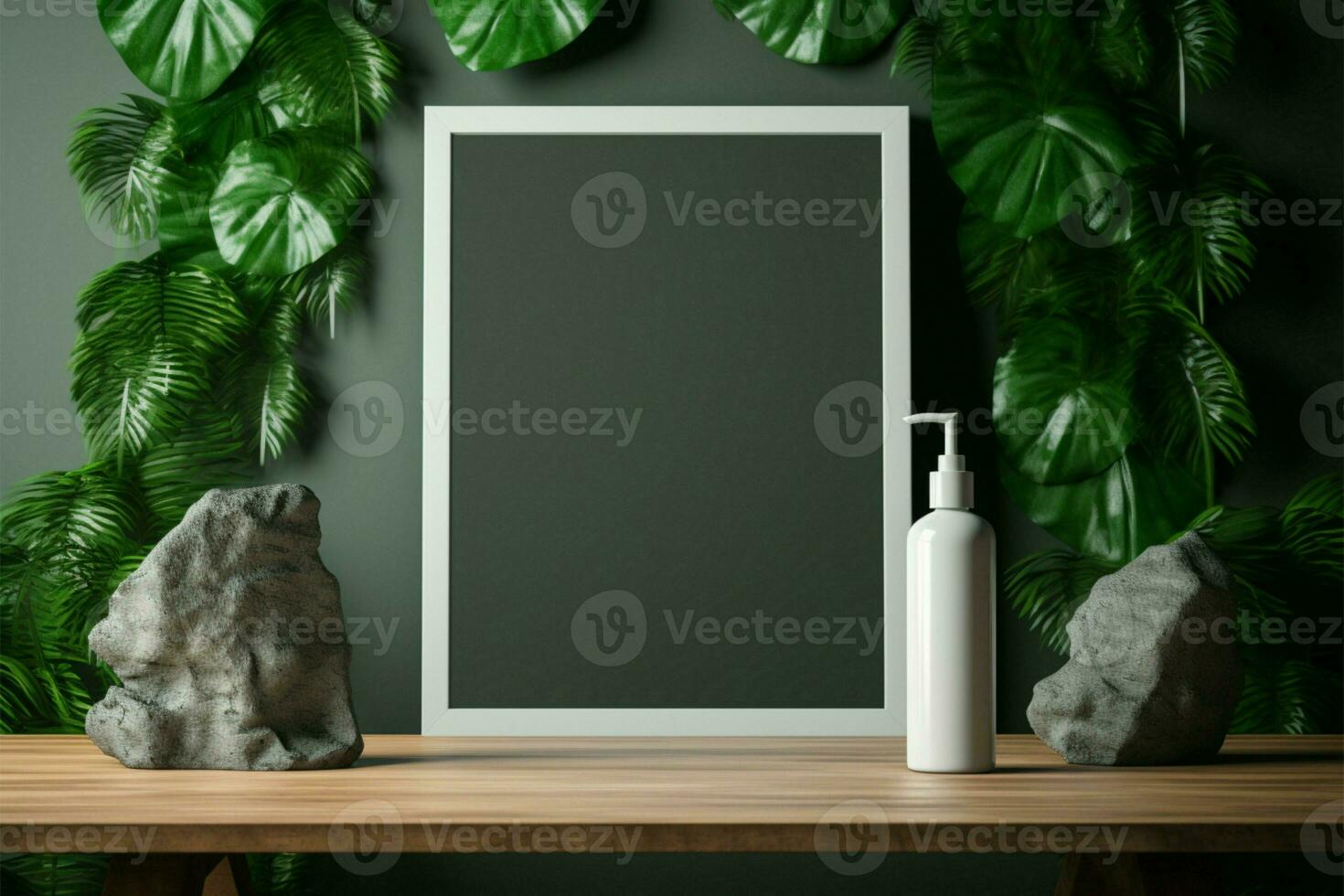 Greenery complements the office desk with an empty photo frame AI Generated