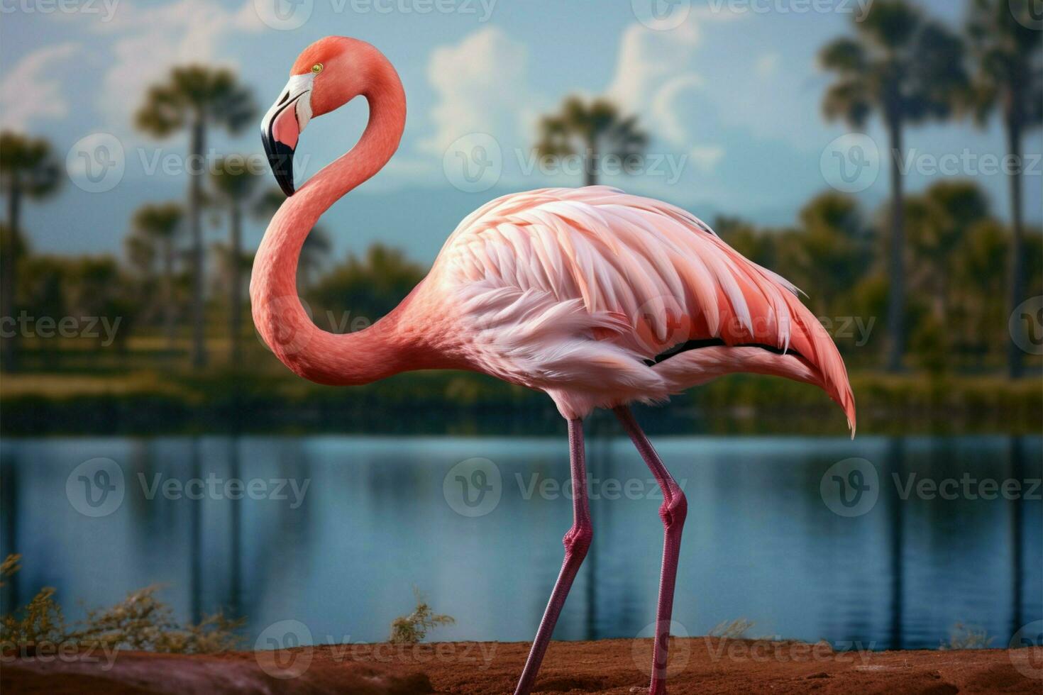 Pink flamingo, long neck, curved legs, and big beak, strolls AI Generated photo