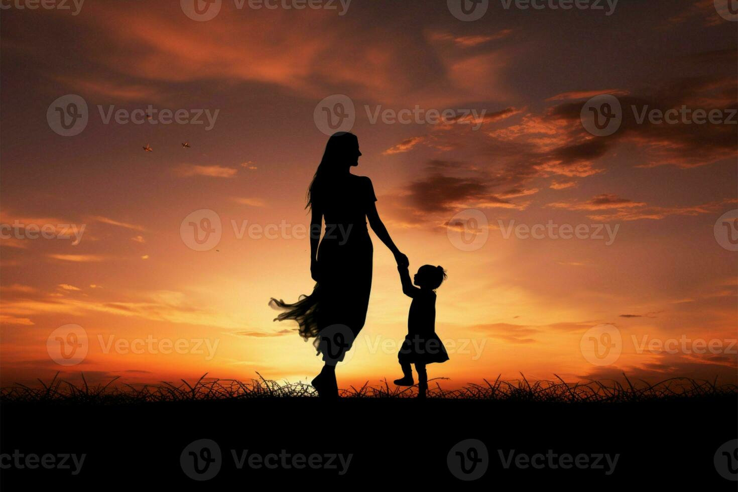 Mother and child silhouettes captured in a heartwarming full shot AI Generated photo