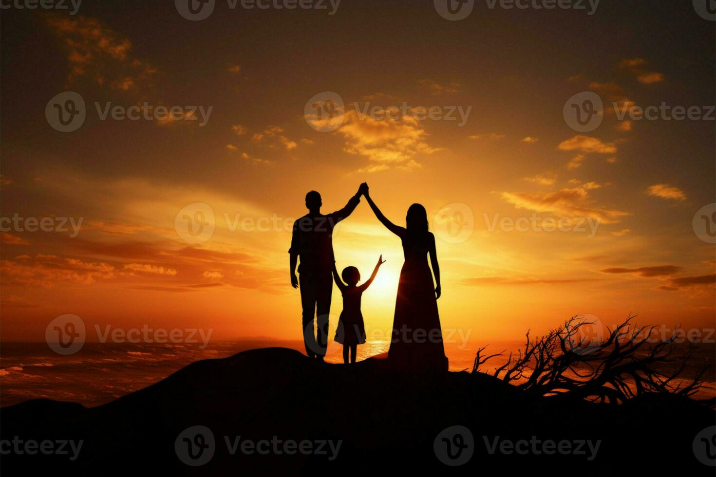 Sunsets warmth frames mother, daughters touching silhouette, symbolic bond AI Generated photo
