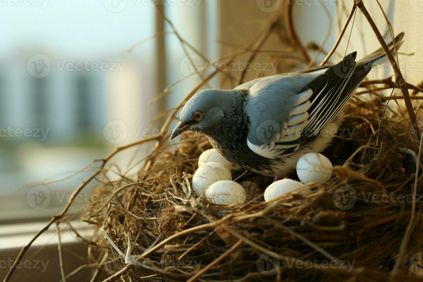 Magpie robins nest on a tree branch, holding two precious eggs AI Generated photo