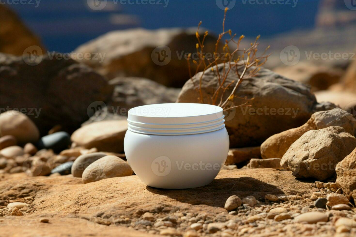 a white jar sitting on the ground next to a rock AI Generated photo
