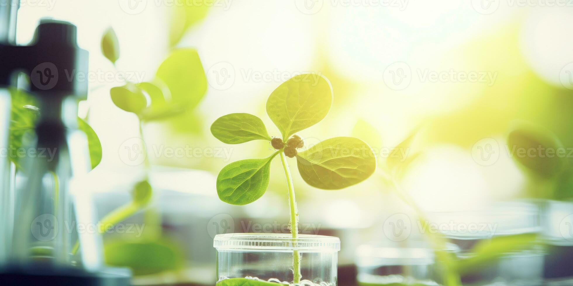 Scientific Breakthrough, Microscope and Young Plant in Test Tube - Laboratory Research and Biotechnology Concept - AI Generative photo