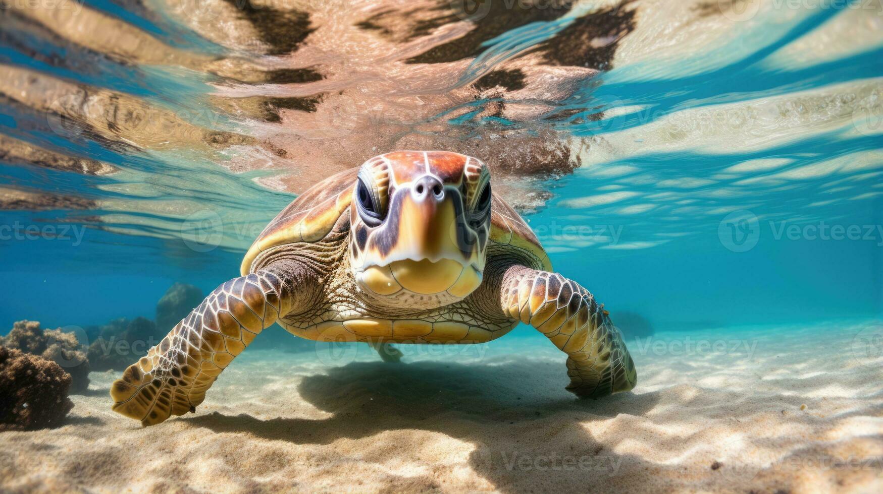 Sea turtles explore azure depths split view highlights blooming island with beach and palms haven photo