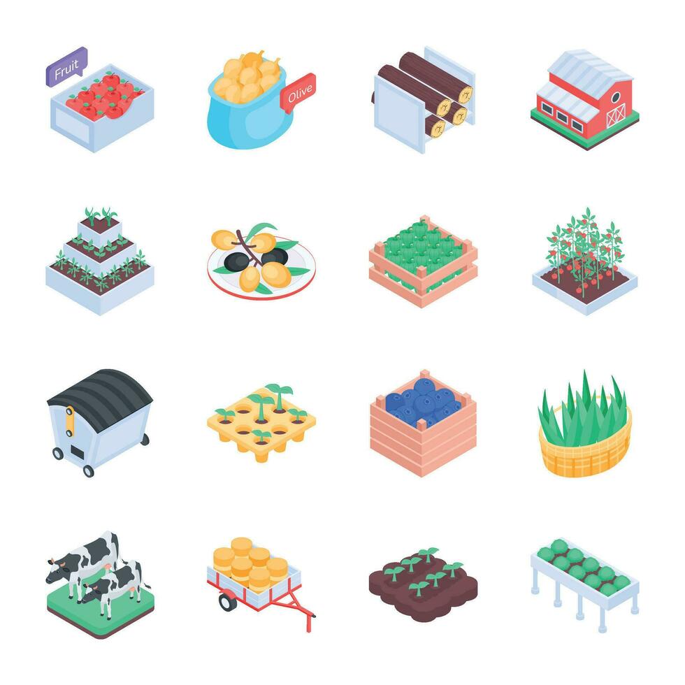 Farm Cultivation and Harvesting Isometric Icons vector