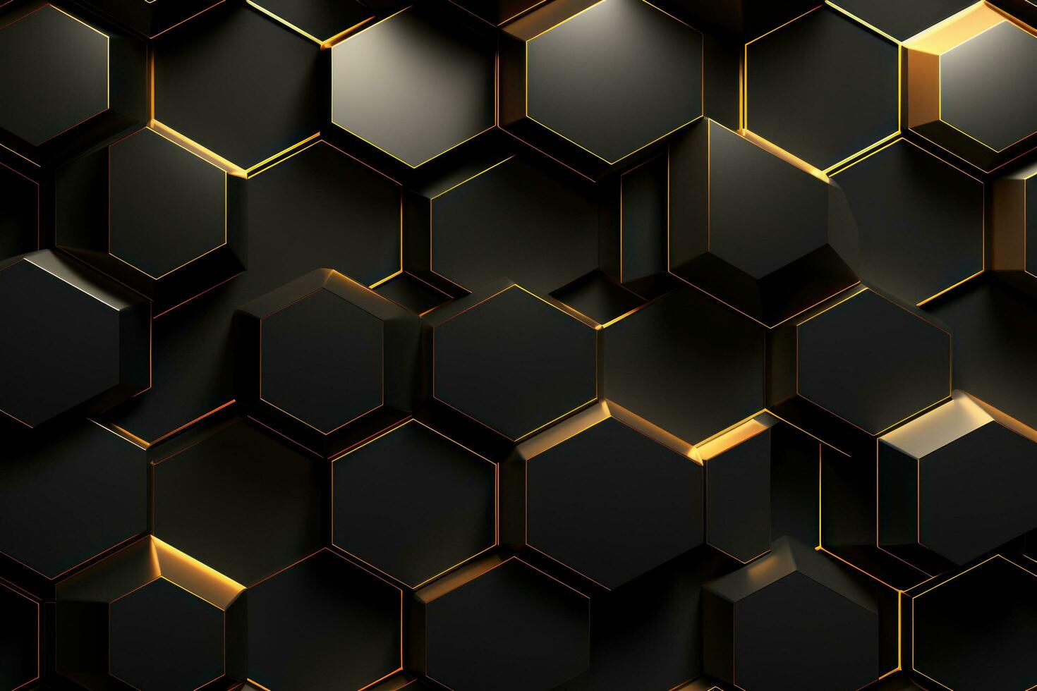 Luxury Hexagonal Abstract Black Metal Background with Golden Light Lines - Modern 3D Geometric Texture, AI Generated photo