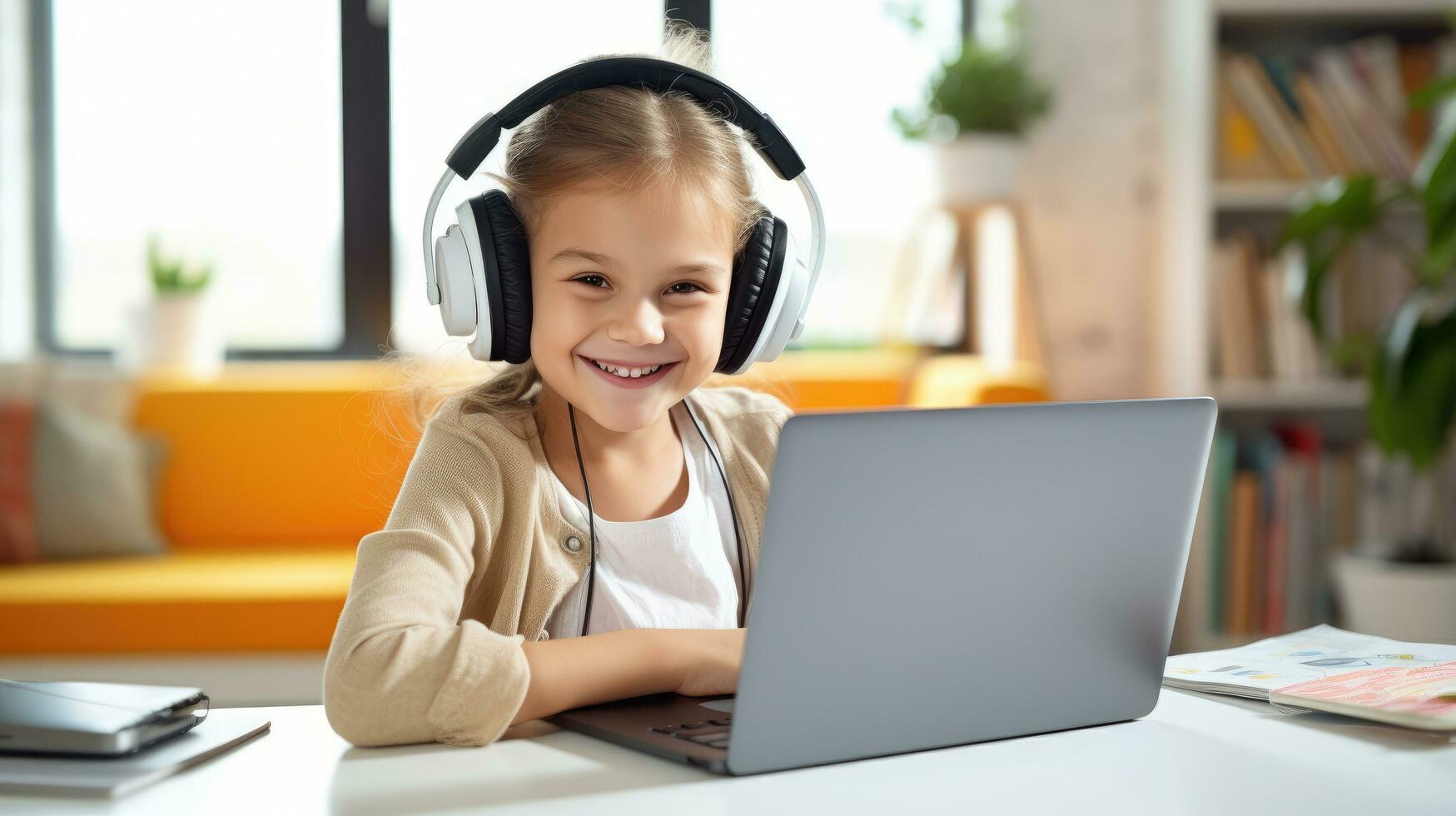 Happy Child E-Learning at Home, Laptop and Headphones for Remote School Work - Youth Development and E-Learning - AI Generative photo
