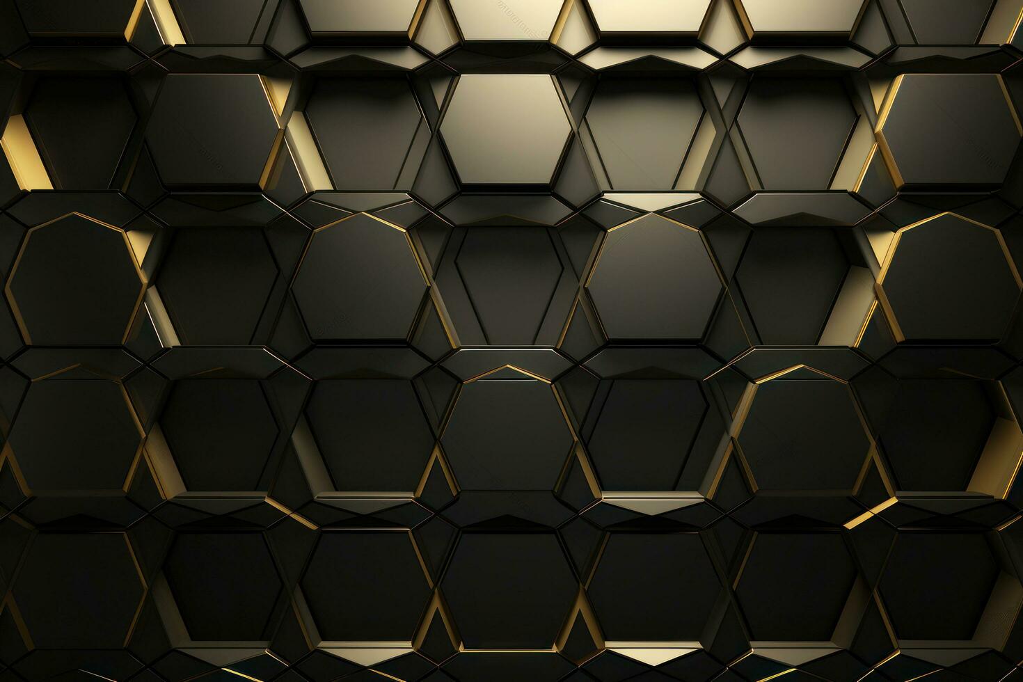 Luxury Hexagonal Abstract Black Metal Background with Golden Light Lines - Modern 3D Geometric Texture, AI Generated photo